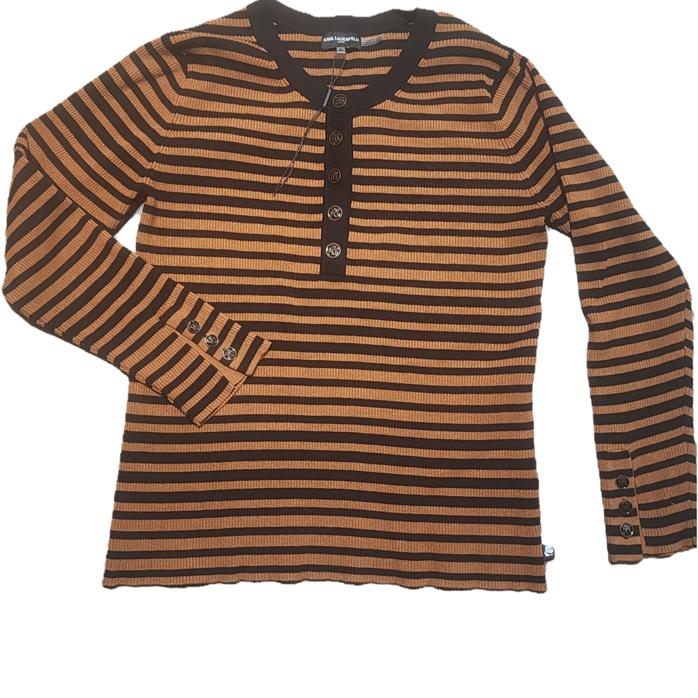 Karl Lagerfeld Black and Orange Striped Long Sleeve Tee - Picture 2 of 7